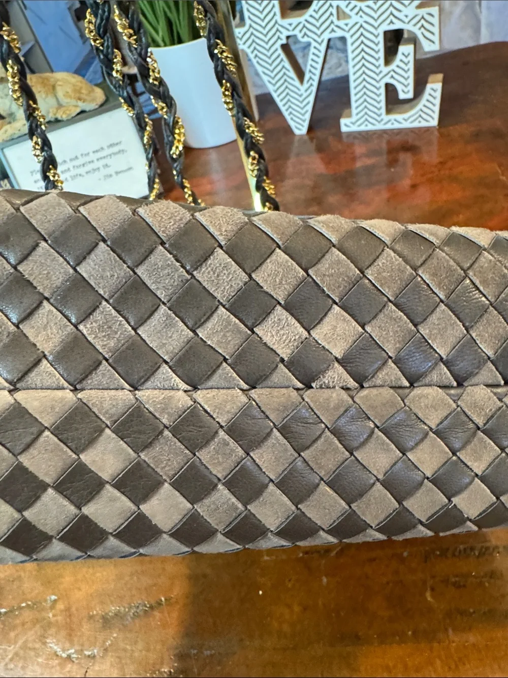 Bally Charcoal Woven Shoulder Bag with Gold Chain Detail